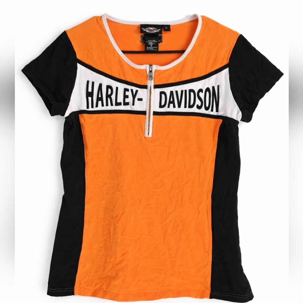 Harley-Davidson Women’s XL Orange Black Zip Front Fitted Tee | 2010 | Y2K Style